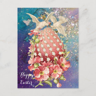 WITTE DUIVEN, PAASEI EN ROZE BLOEMEN IN BLAUW FEESTDAGENKAART