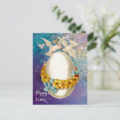 WITTE DUIVEN, PAASEI, GELE BLOEMEN, BLAUWE BOGEN FEESTDAGENKAART (Staand voorkant)