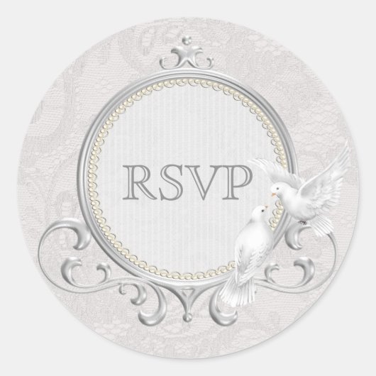 Witte Duiven & Paisley Kant RSVP Bruiloft Ronde Sticker (Voorkant)