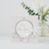 Witte Duiven & Parels Paisley Kantelwerk Save The Date (Staand voorkant)