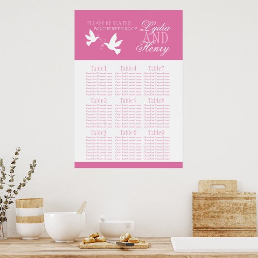 Witte duiven roze trouwtafel plan 1-9 poster (Keuken)