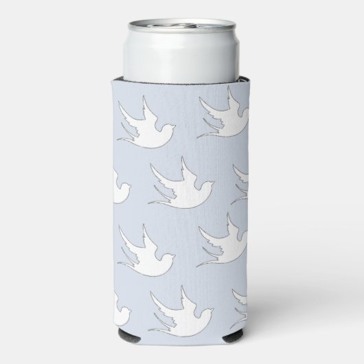 Witte duiven silhouet patroon op blauw seltzer blikjeskoeler (Seltzer Achterkant)