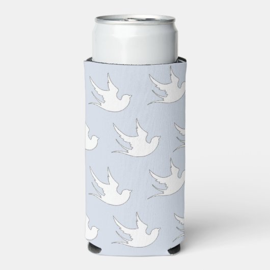 Witte duiven silhouet patroon op blauw seltzer blikjeskoeler (Seltzer Voorkant)
