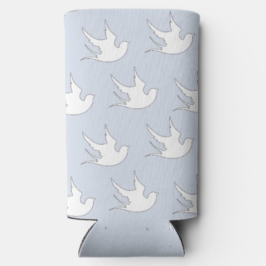 Witte duiven silhouet patroon op blauw seltzer blikjeskoeler (Achterkant)