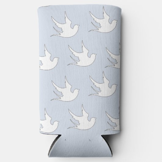 Witte duiven silhouet patroon op blauw seltzer blikjeskoeler (Voorkant)