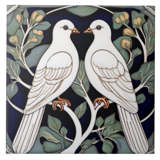 Witte duiven vogels Art Nouveau duif vogel art dec Tegeltje (Voorkant)