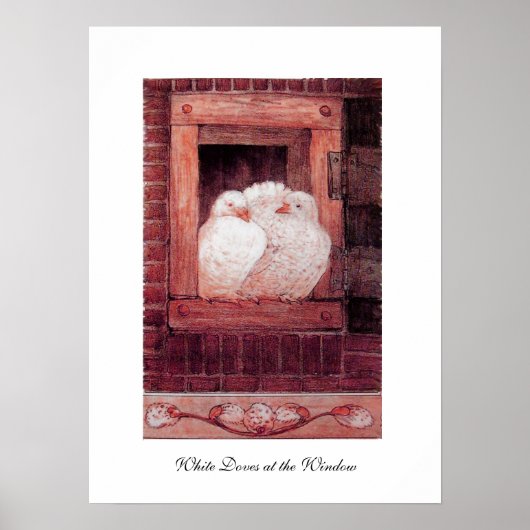 WITTE DUIVEN VOOR HET RAAM, anique rood roze Poster (Voorkant)
