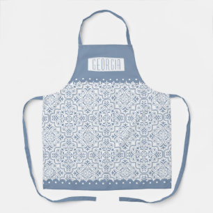Witte dusty blue damask patroonranden schort