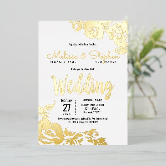 Witte echte gouden bloem bruiloft folie uitnodiging (Staand Voorkant)