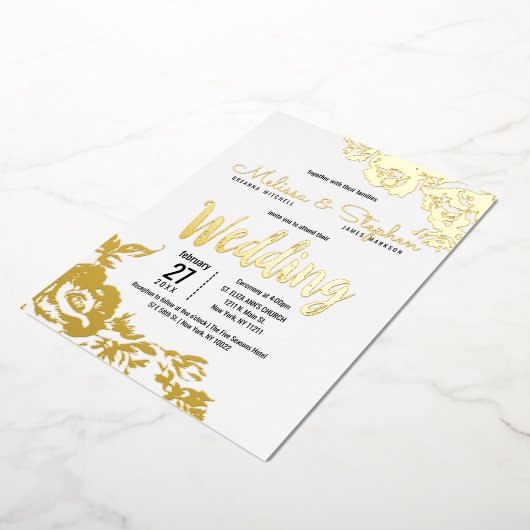 Witte echte gouden bloem bruiloft folie uitnodiging (Gedraaid)