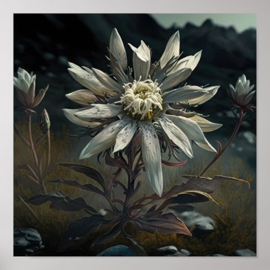 Witte Edelweiss Bloemenkunst Print Poster (Voorkant)