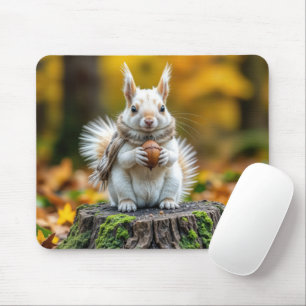Witte eekhoorn in de herfst op een boomstronk muismat