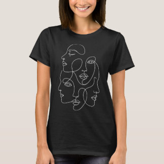 Witte Eén Lijn Gezichten Abstracte Zwarte Kunst T-shirt
