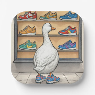 Witte eend die etalages bekijkt voor sneakers papieren bordje