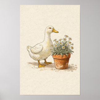 Witte Eend en Potten met Madeliefjes - Boerderij M Poster