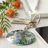 Witte eend in Daffodils met meer keyring Sleutelhanger (Zijkant)