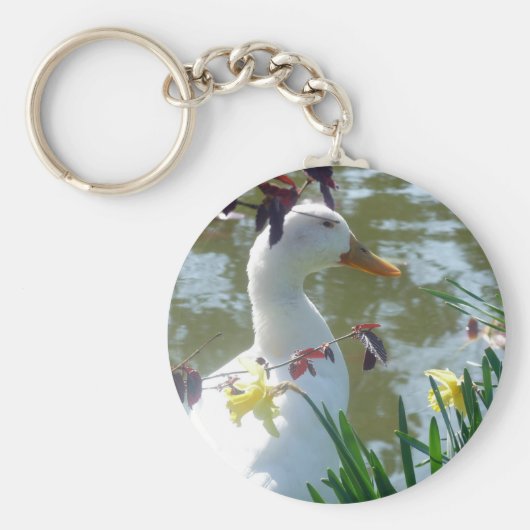 Witte eend in Daffodils met meer keyring Sleutelhanger (Voorkant)