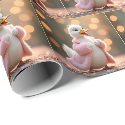 Witte eend in roze bontjas cadeaupapier (Rol Hoek)
