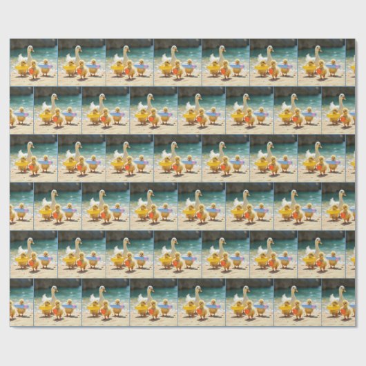 Witte eend met eendjes op het strand cadeaupapier (Vlak)