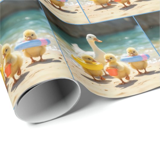 Witte eend met eendjes op het strand cadeaupapier (Rol Hoek)