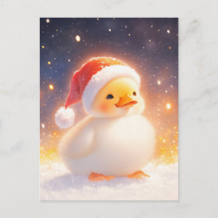 Witte eend met rode kerstmanhoed in de sneeuw briefkaart