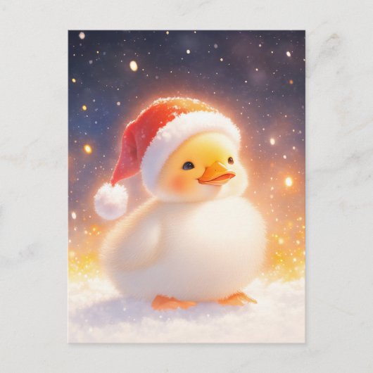 Witte eend met rode kerstmanhoed in de sneeuw briefkaart (Voorkant)