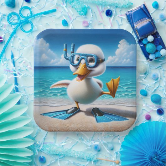 Witte eend met snorkel op het strand papieren bordje (Feest)