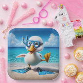 Witte eend met snorkel op het strand papieren bordje (Feest)