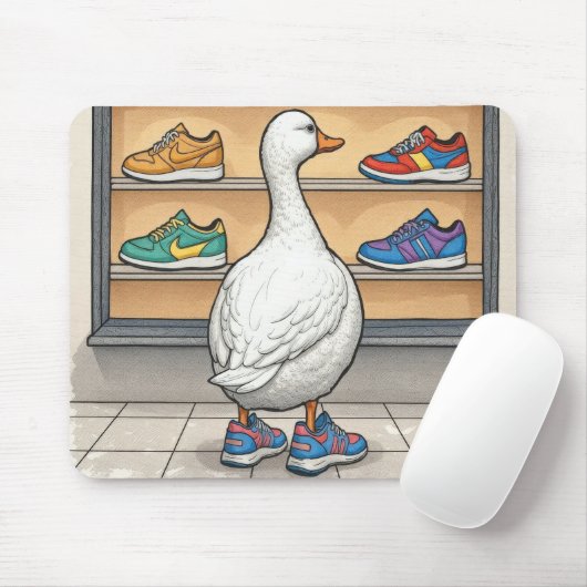 Witte eend op zoek naar sneakers muismat (Met muis)