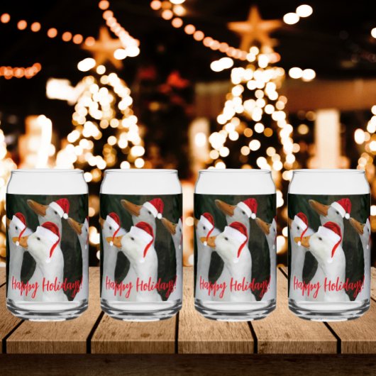 Witte eenden dragen rode kerstmutsen vakantie blikvorm glas