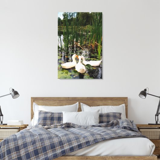 Witte eenden, lendenkussens, cattails, meeroever canvas afdruk (Insitu (Slaapkamer))