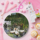 Witte eenden, lendenkussens, cattails, meeroever papieren bordje (Feest)