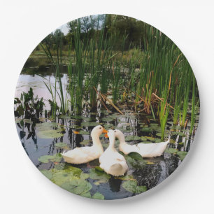 Witte eenden, lendenkussens, cattails, meeroever papieren bordje