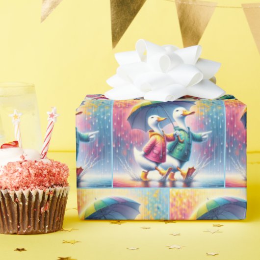 Witte eenden lopen in de regen cadeaupapier (Verjaardagsfeest)