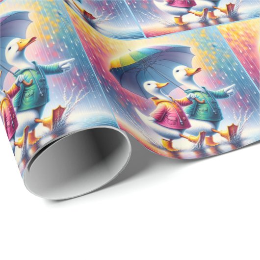 Witte eenden lopen in de regen cadeaupapier (Rol Hoek)