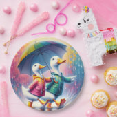 Witte eenden lopen in de regen papieren bordje (Feest)