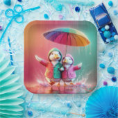 Witte eenden lopen in de regen papieren bordje (Feest)