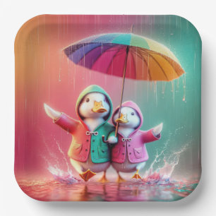 Witte eenden lopen in de regen papieren bordje