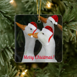 Witte eenden met Santa Hats Holiday Keramisch Ornament