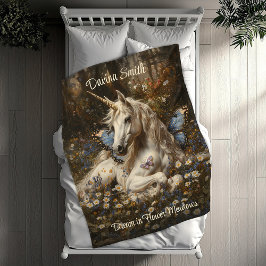 Witte Eenhoorn Blauwe Vlinderweide Floral Art Fleece Deken