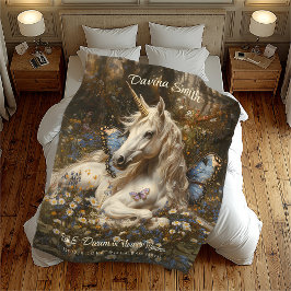 Witte Eenhoorn Blauwe Vlinderweide Floral Art Fleece Deken