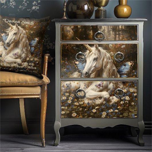 Witte Eenhoorn Blauwe Vlinderweide Floral Fantasy Tissuepapier