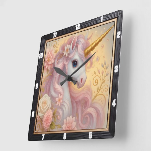 Witte Eenhoorn Bloemen Dromerig Vierkante Klok (Hoek)