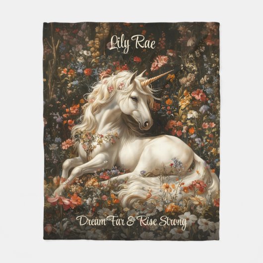 Witte Eenhoorn Bloemen Fantasy Gezellig Slapen Paa Fleece Deken (Voorkant)