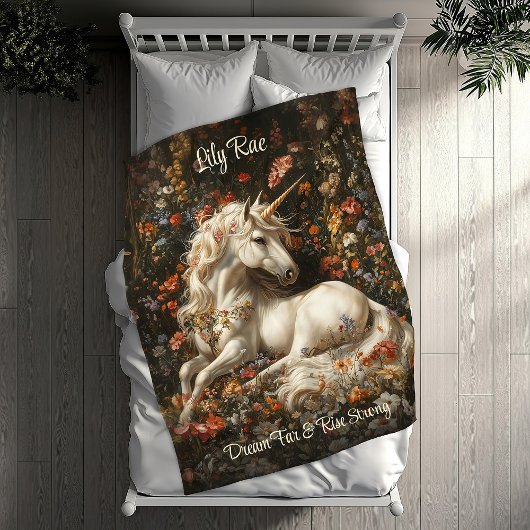 Witte Eenhoorn Bloemen Fantasy Gezellig Slapen Paa Fleece Deken