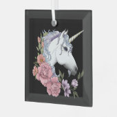 Witte Eenhoorn Bloemen Roze Rozen Glas Ornament (Voorkant links)