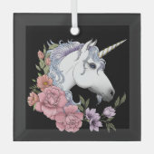 Witte Eenhoorn Bloemen Roze Rozen Glas Ornament (Voorkant)