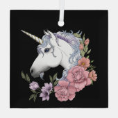 Witte Eenhoorn Bloemen Roze Rozen Glas Ornament (Achterkant)