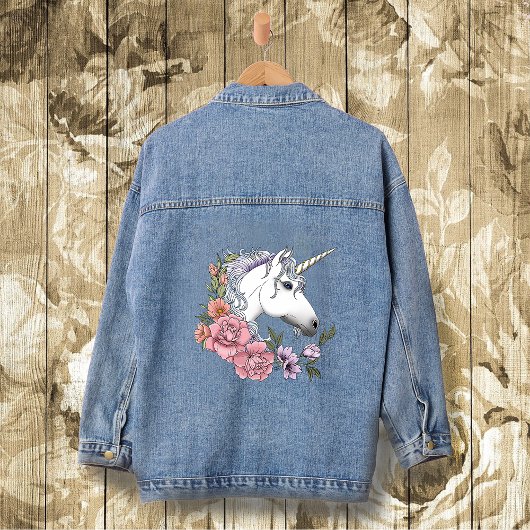 Witte Eenhoorn Bloemen Roze Zwart Denim Jacket