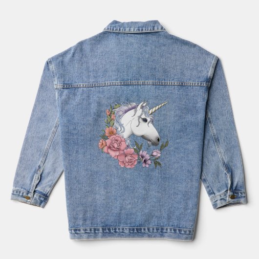 Witte Eenhoorn Bloemen Roze Zwart Denim Jacket (Achterkant)